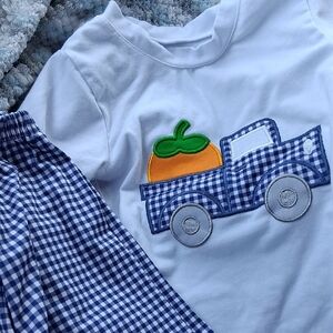 Toddler Blue and White Checkered Shirt with Truck Design